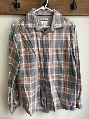Jos. A. Bank Gray Plaid Button-Down Shirt with Red and Blue Accents